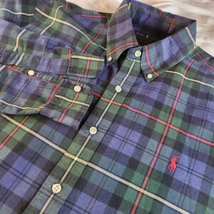 RALPH LAUREN Oxford Shirt Mens XL Button Up Green Blue Red Madras Plaid Red Pony